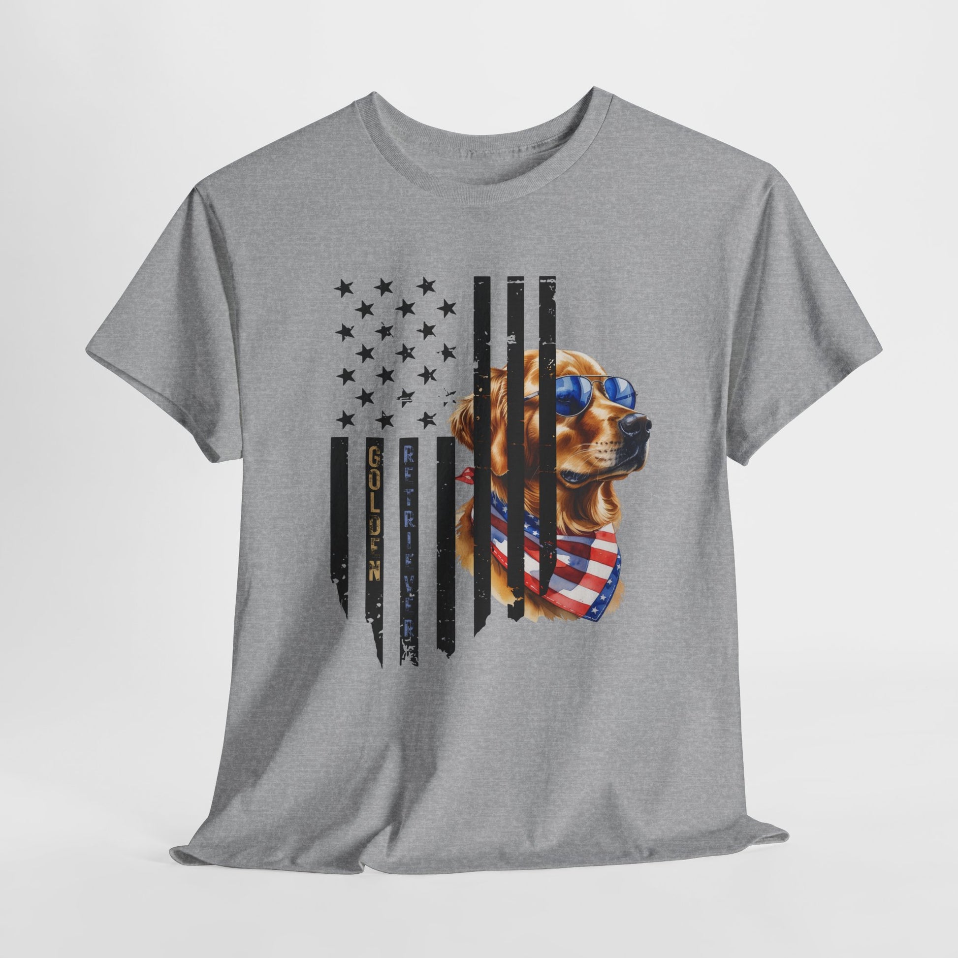 Gray t-shirt with a dog graphic and American flag design on a white background
