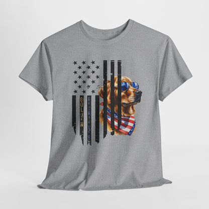 Gray t-shirt with a dog graphic and American flag design on a white background