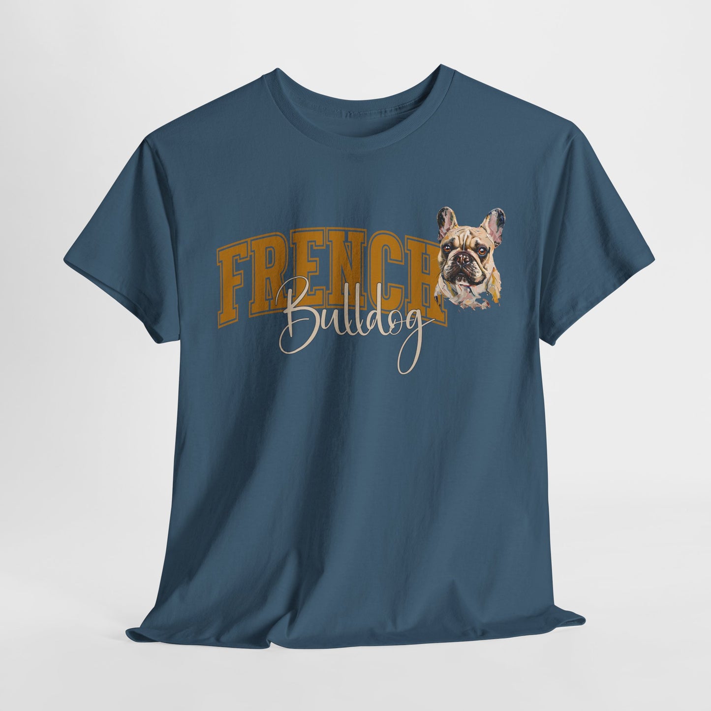 Blue t-shirt with a French Bulldog graphic and text on a white background