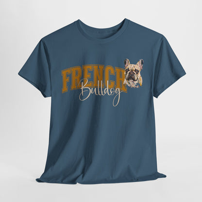 Blue t-shirt with a French Bulldog graphic and text on a white background
