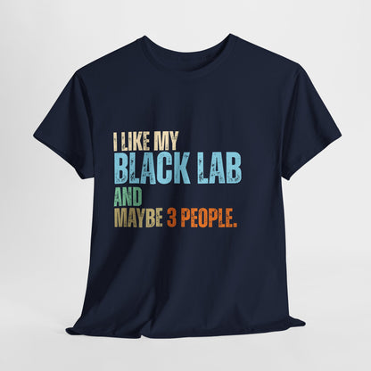 Navy blue t-shirt with colorful text on a light gray background