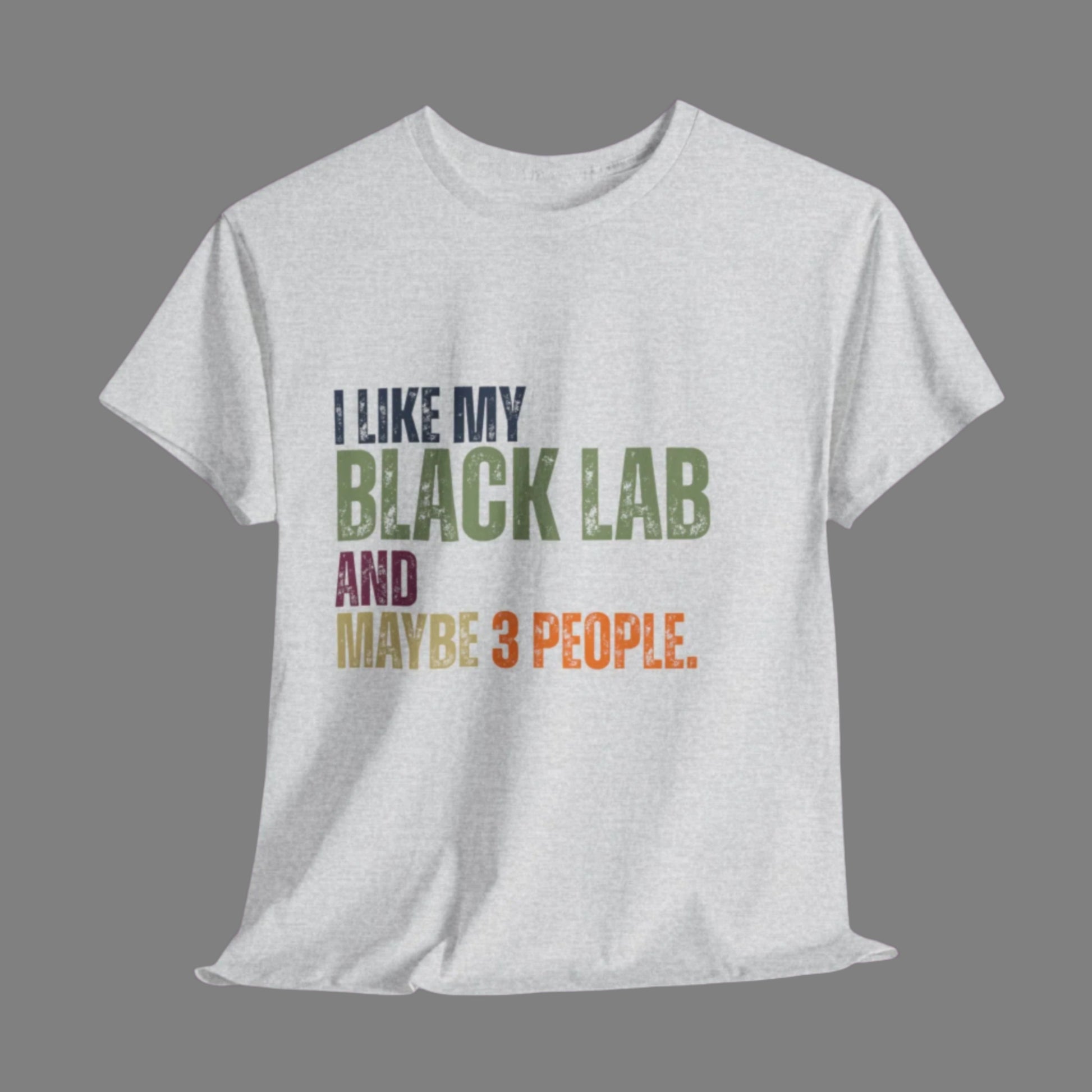 Ash t-shirt with text 'I like my Black Lab and maybe 3 people' on a wooden surface with pet accessories.