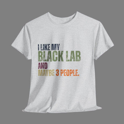 Ash t-shirt with text 'I like my Black Lab and maybe 3 people' on a wooden surface with pet accessories.