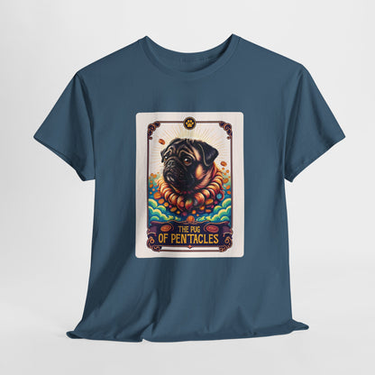 Blue t-shirt with a graphic of a pug on a tarot card design.