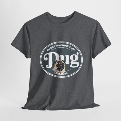 Dark gray t-shirt with a graphic of a pug and text on a light gray background