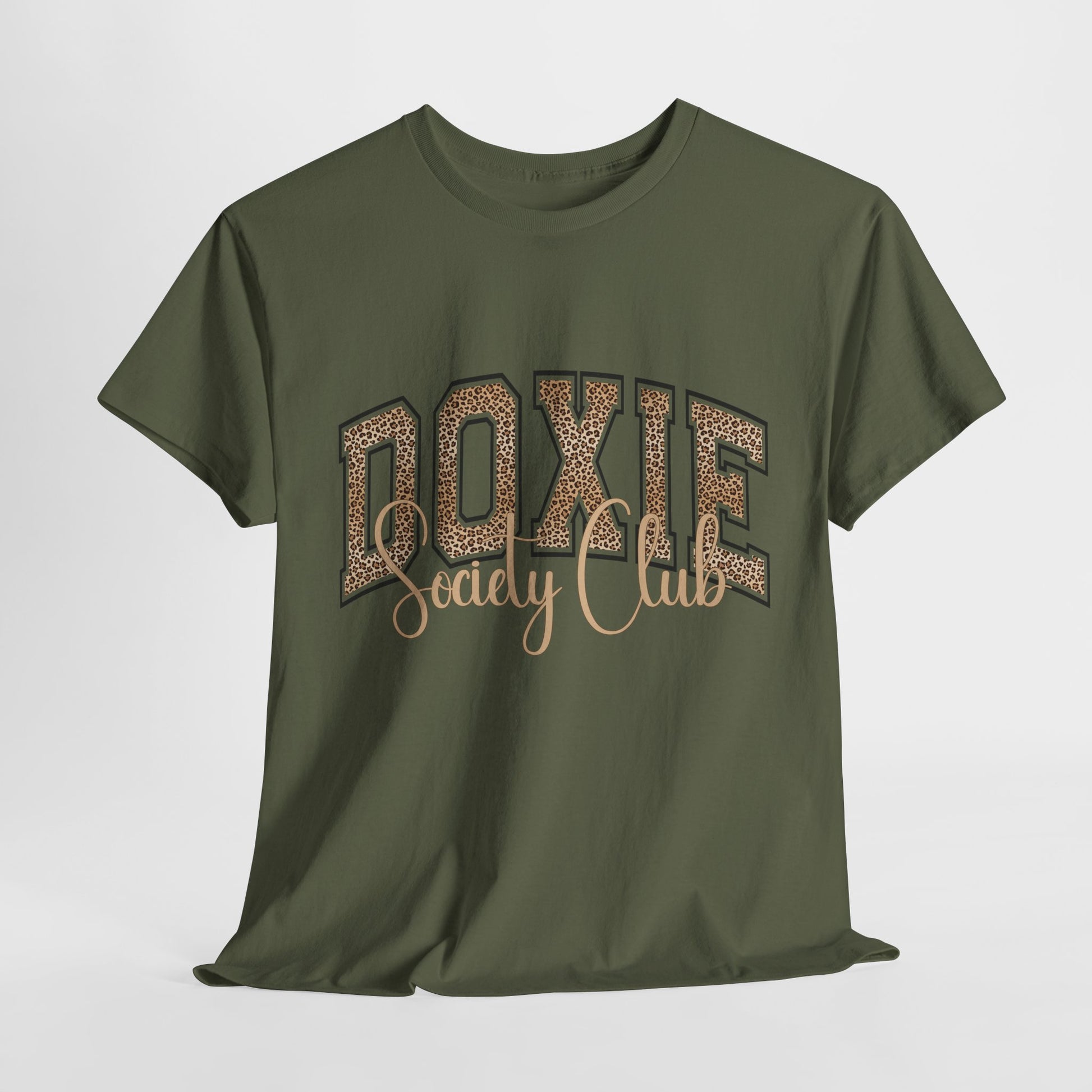 Green t-shirt with 'Doxie Society Club' text on a white background