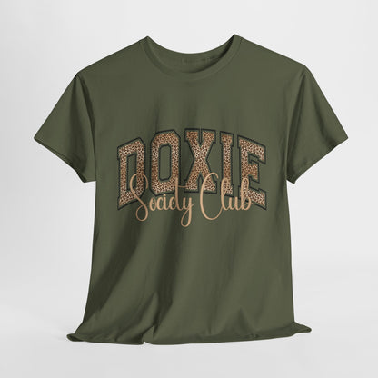 Green t-shirt with 'Doxie Society Club' text on a white background