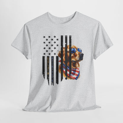 Ash t-shirt with a dog design featuring an American flag, surrounded by sunglasses, shoes, and pet food.