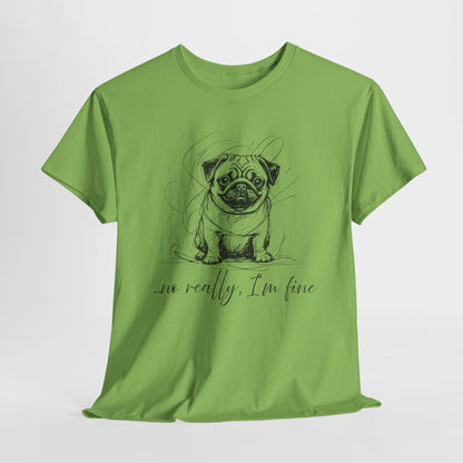Green t-shirt with a pug graphic and text on a white background