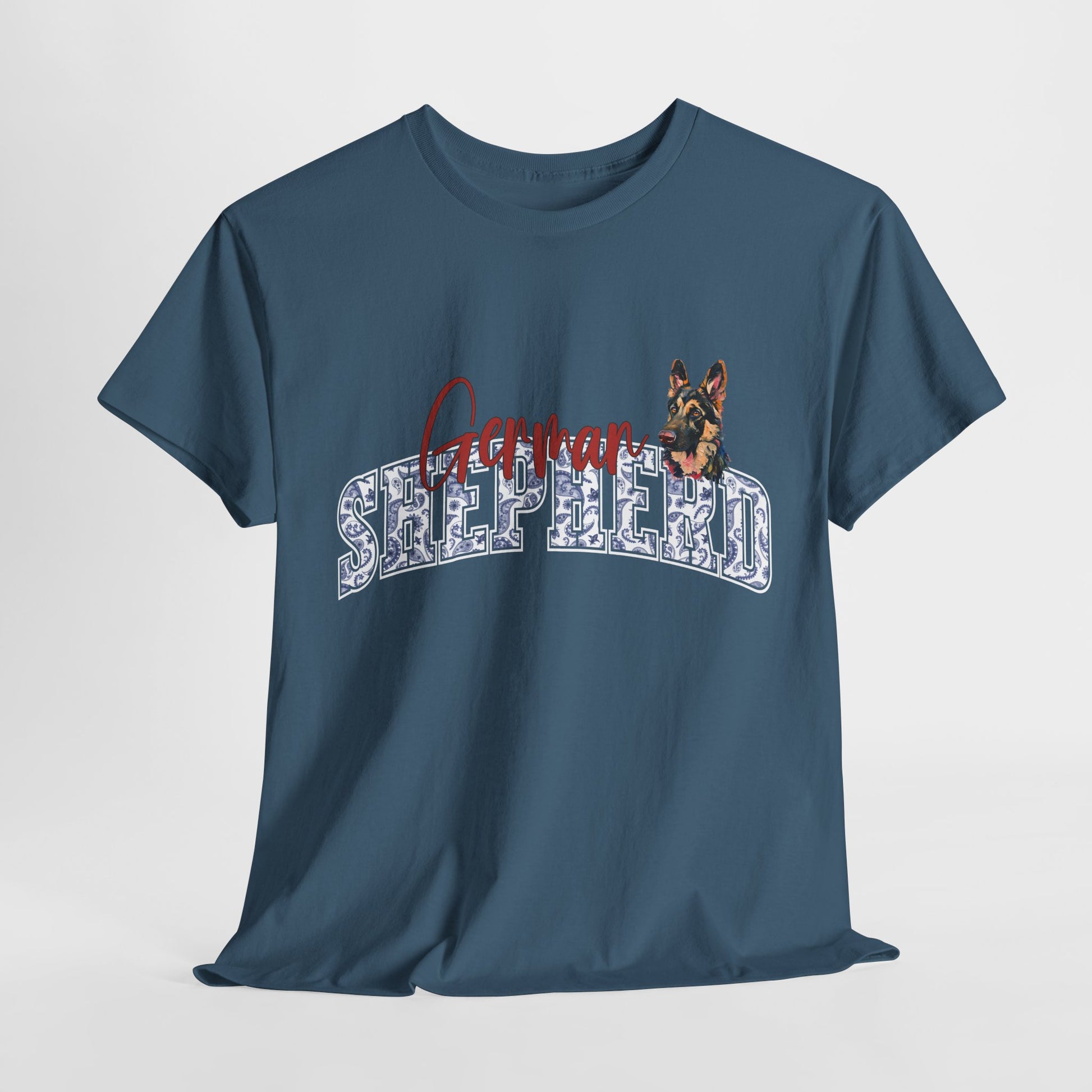 Blue t-shirt with a German Shepherd graphic and text on a white background