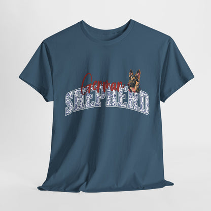 Blue t-shirt with a German Shepherd graphic and text on a white background