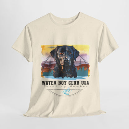 Beige t-shirt with a graphic of a black dog and 'Water Boy Club USA' text on a white background