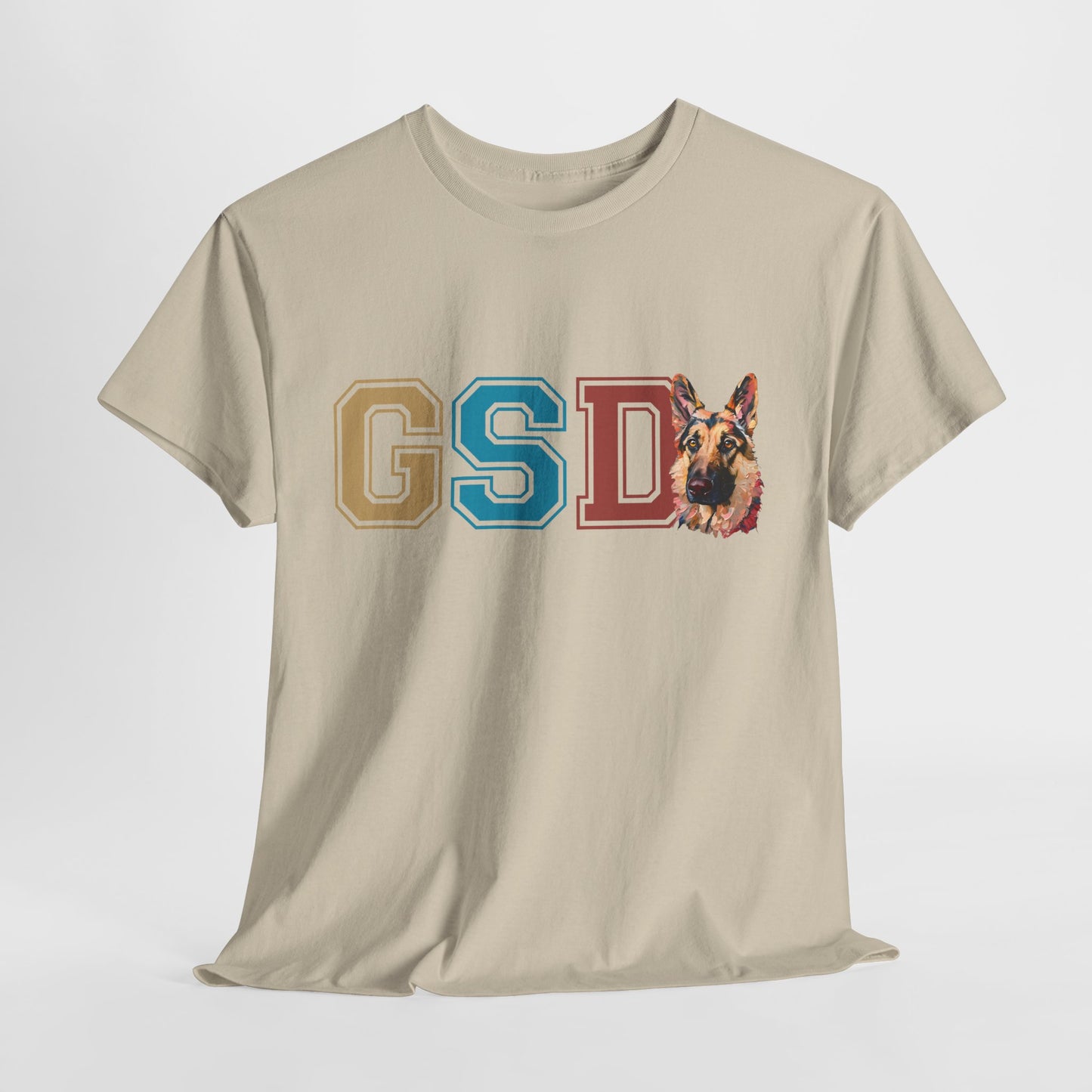 Beige t-shirt with a German Shepherd graphic and 'GSD' letters on a white background
