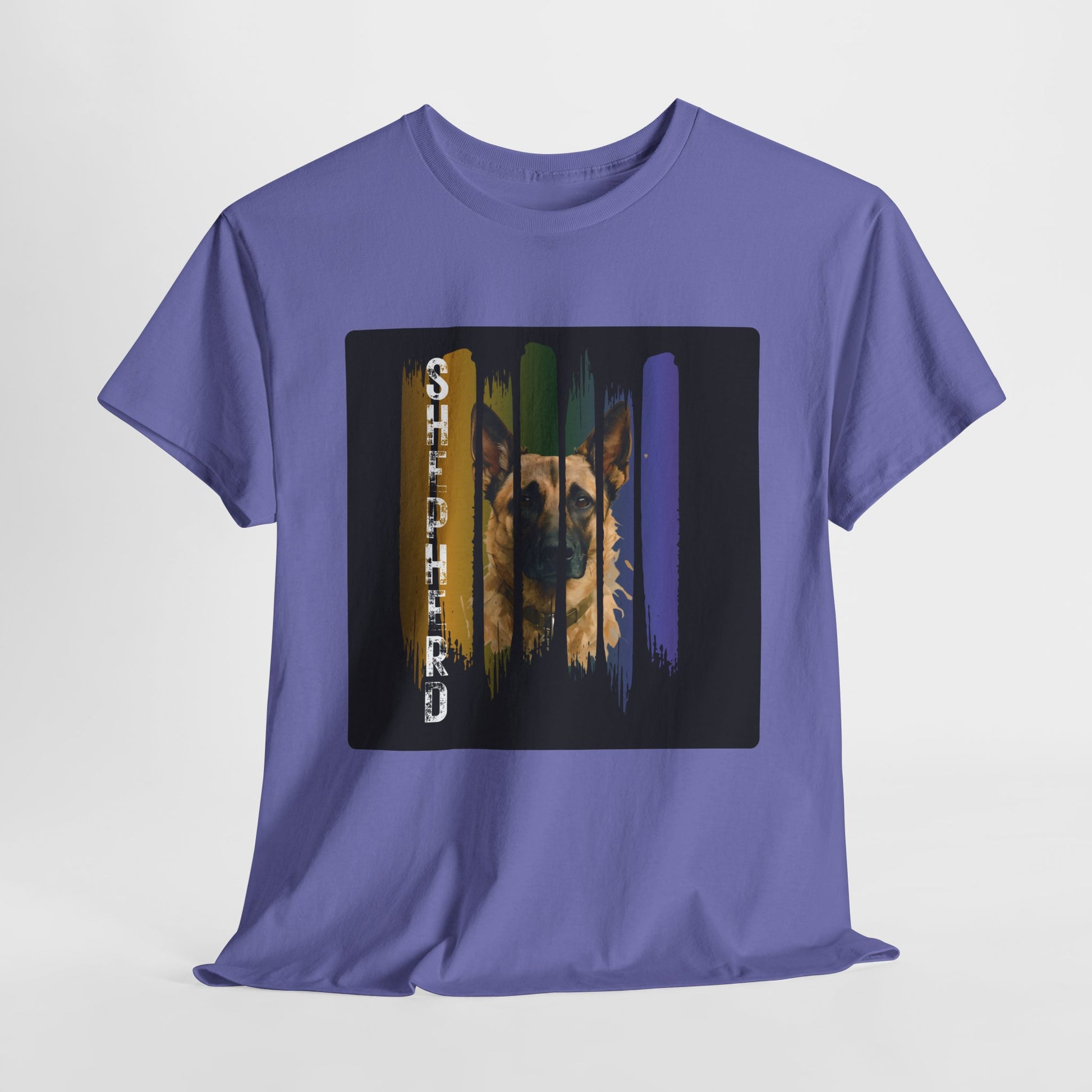 Purple t-shirt with a graphic of a dog's face on a white background