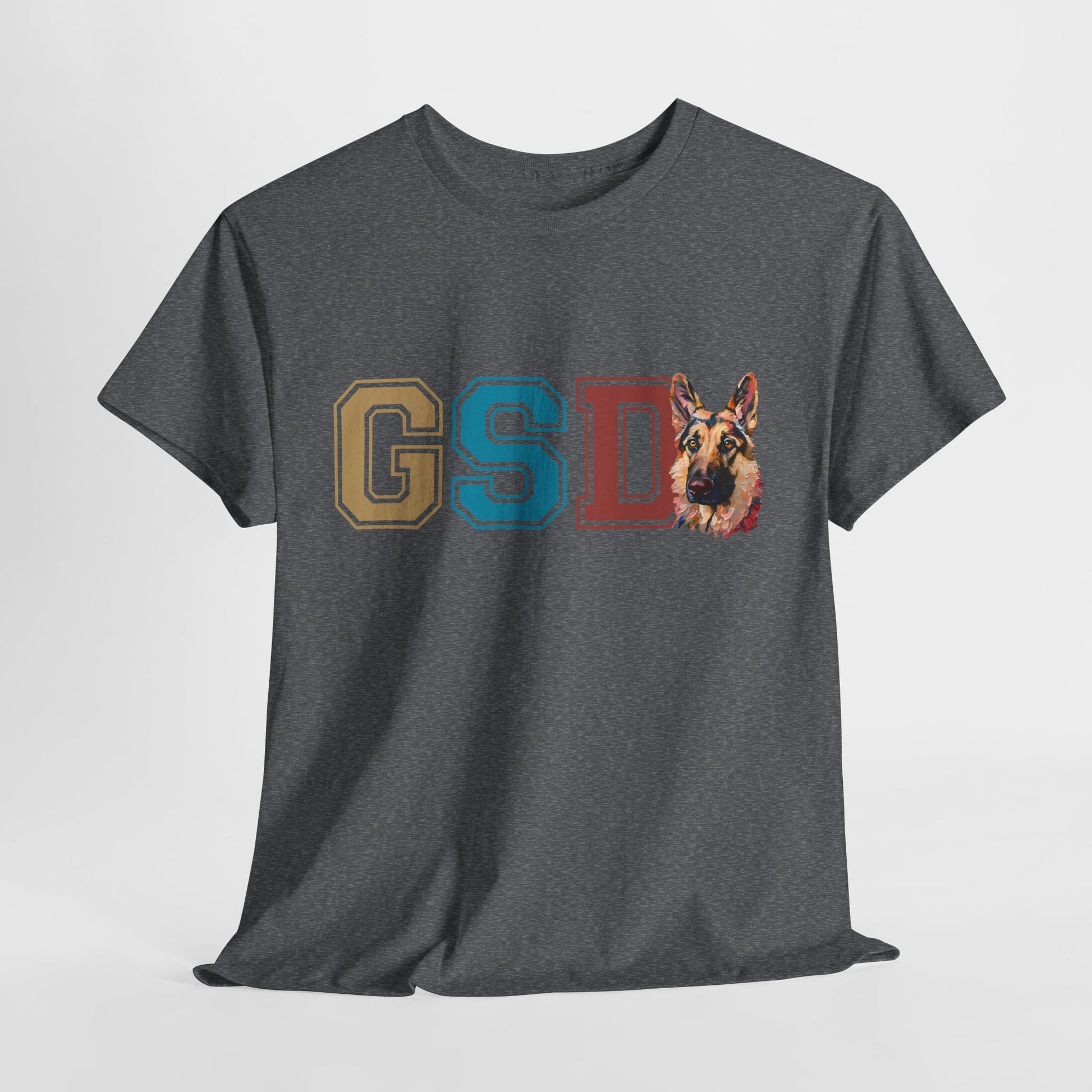 Gray t-shirt with a dog illustration and 'GSD' letters on a white background
