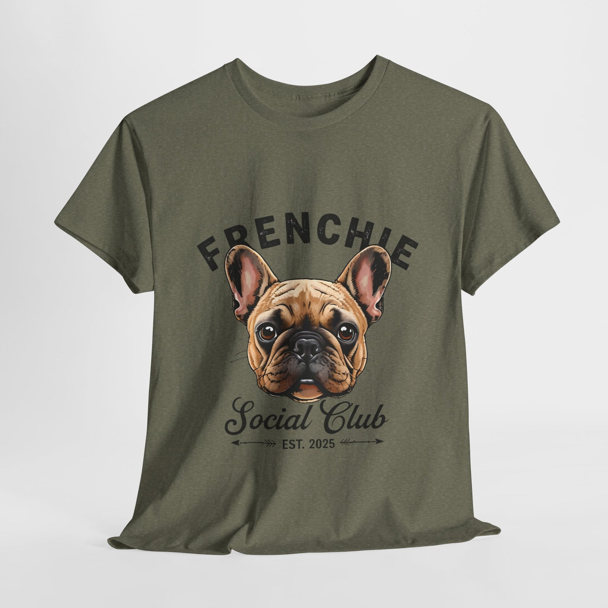 Green t-shirt with a French Bulldog graphic and text on a white background
