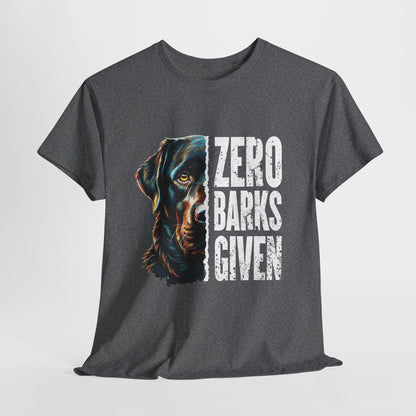 Gray t-shirt with a dog graphic and 'Zero Barks Given' text on a white background
