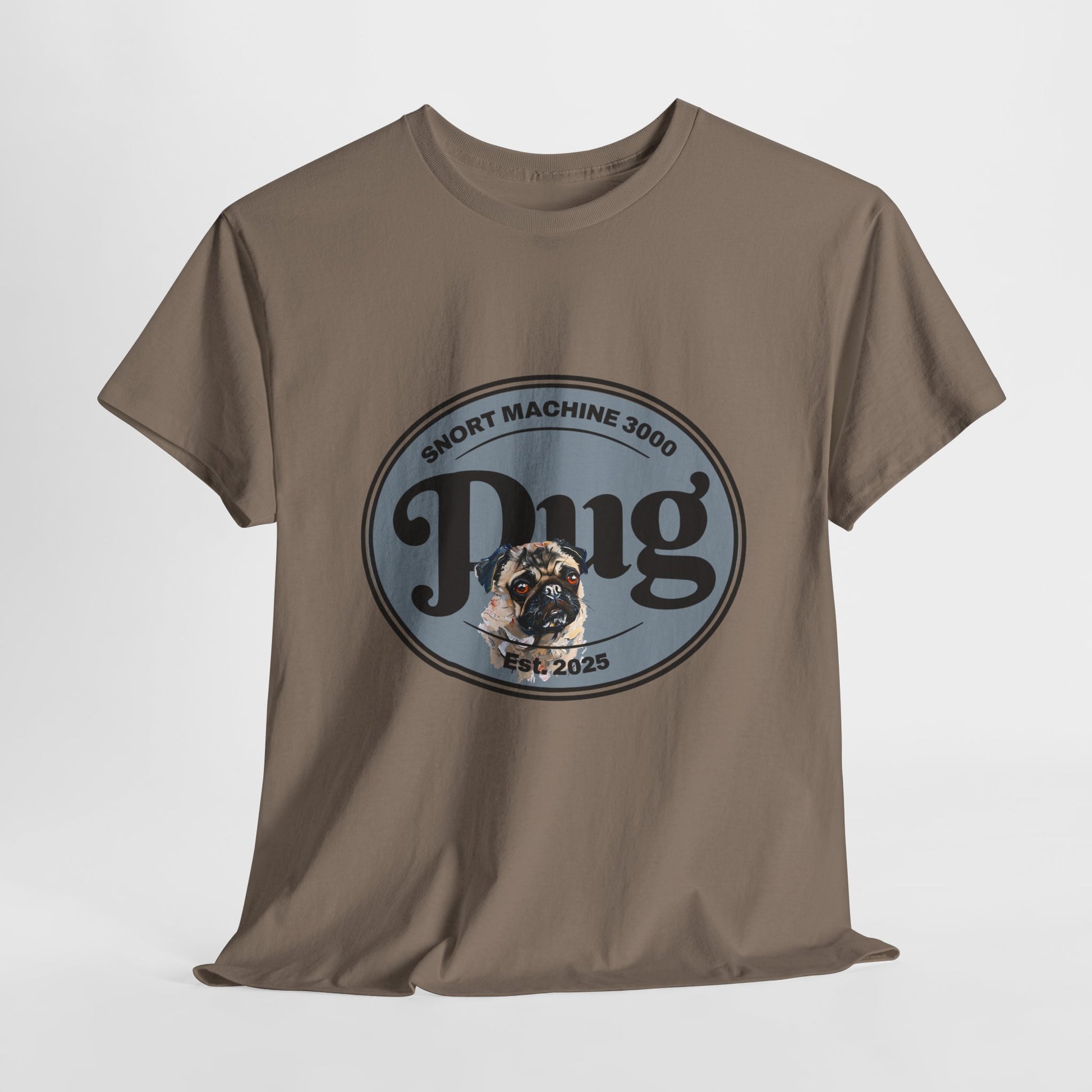 Brown t-shirt with a graphic design featuring a dog and text on a white background