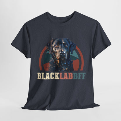 Black t-shirt with a graphic of a black dog and 'BLACK LAB BFF' text on a white background