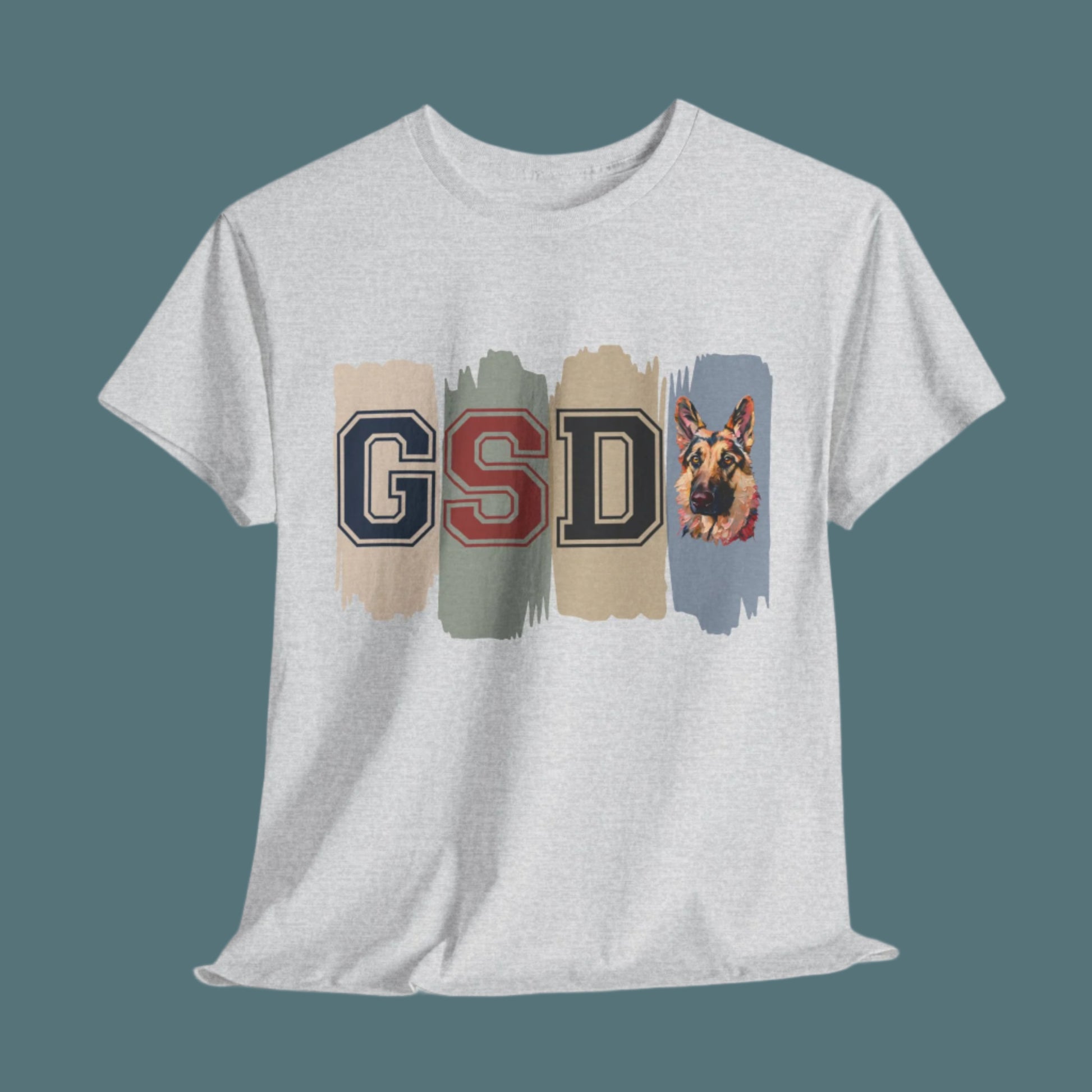 Gray t-shirt with 'GSD' text and dog graphic on a light gray background