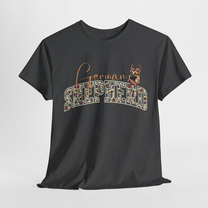 Black t-shirt with 'German Shepherd' text and dog illustration on a light gray background