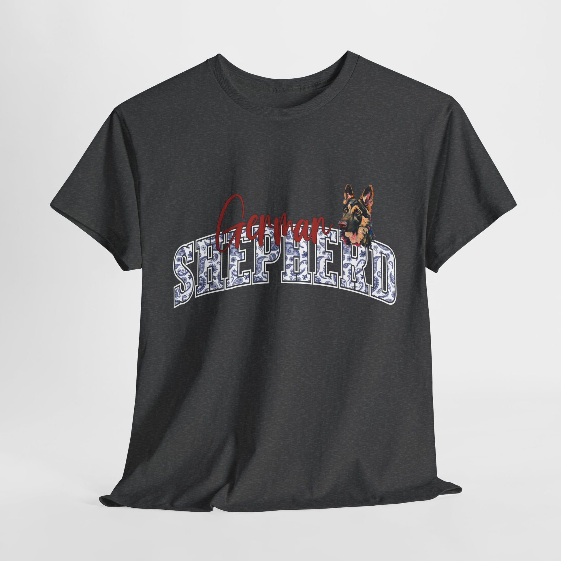 Black t-shirt with a dog graphic and 'Shepherd' text on a light gray background