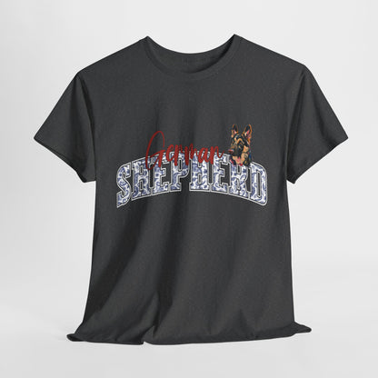 Black t-shirt with a dog graphic and 'Shepherd' text on a light gray background
