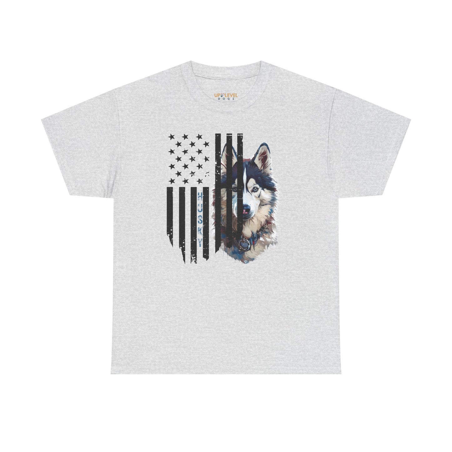 Gray t-shirt with a dog graphic and American flag design on a white background