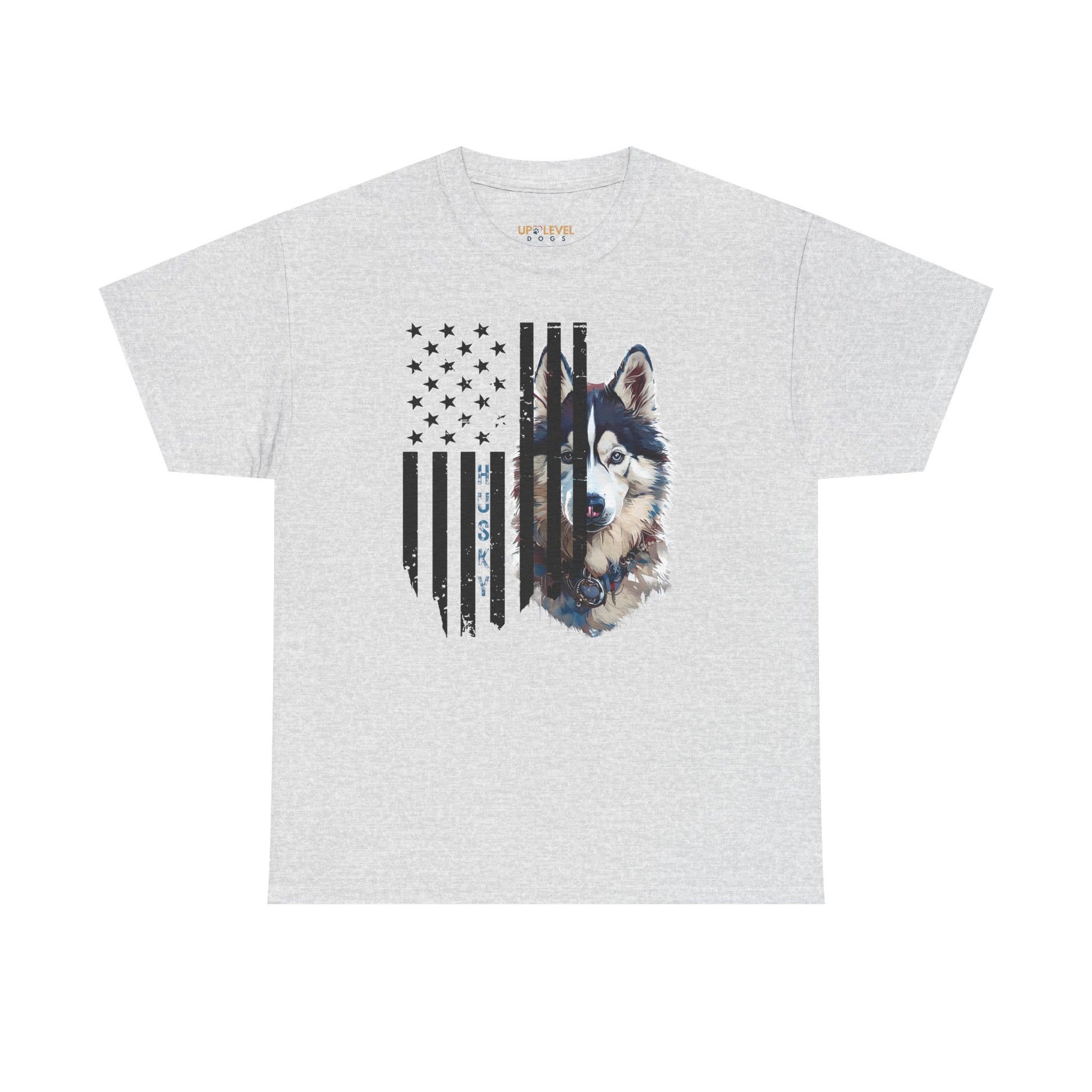 Gray t-shirt with a dog graphic and American flag design on a white background