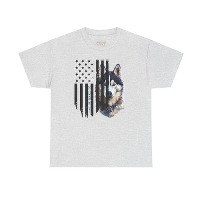Gray t-shirt with a dog graphic and American flag design on a white background