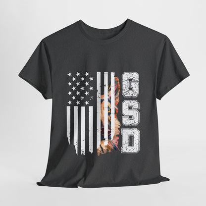 Black t-shirt with American flag and 'USA' design on a gray background