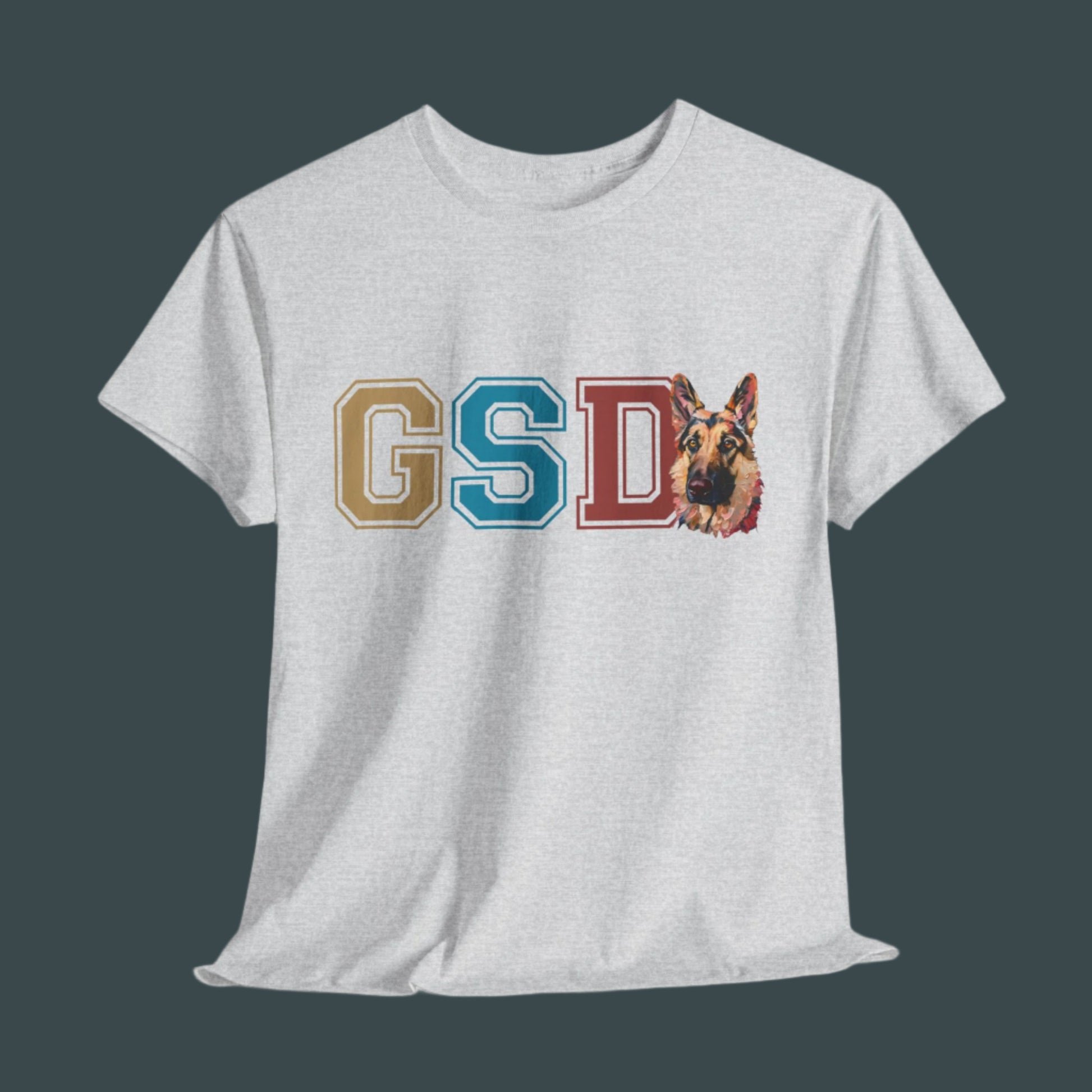 Gray t-shirt with 'GSD' letters and a German Shepherd graphic on a white background