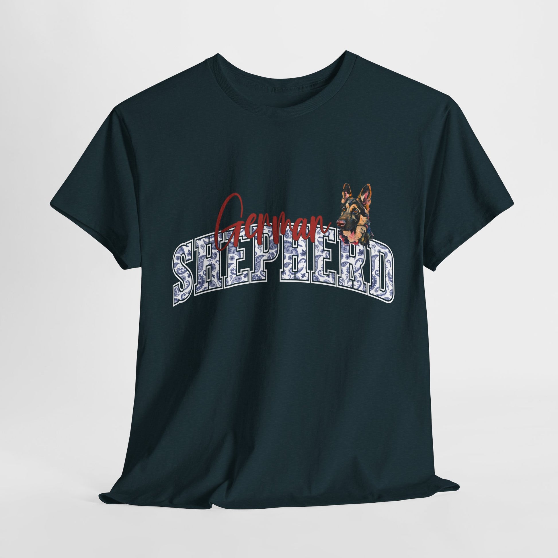 Black t-shirt with 'German Shepherd' text and dog graphic on a light gray background