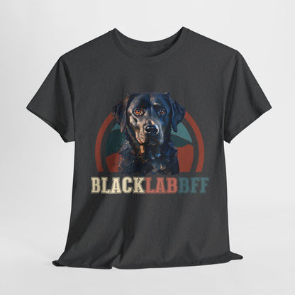 Black t-shirt with a graphic of a black labrador retriever and 'BLACK LAB BFF' text on a white background