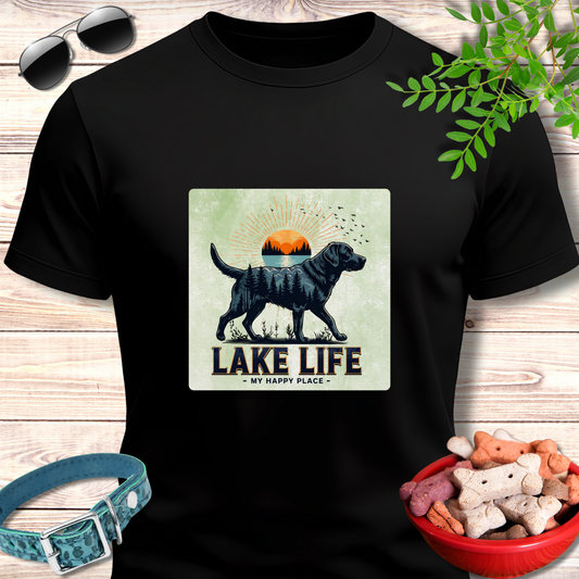 Black t-shirt with a graphic of a dog and 'Lake Life My Happy Place' text on a light gray background
