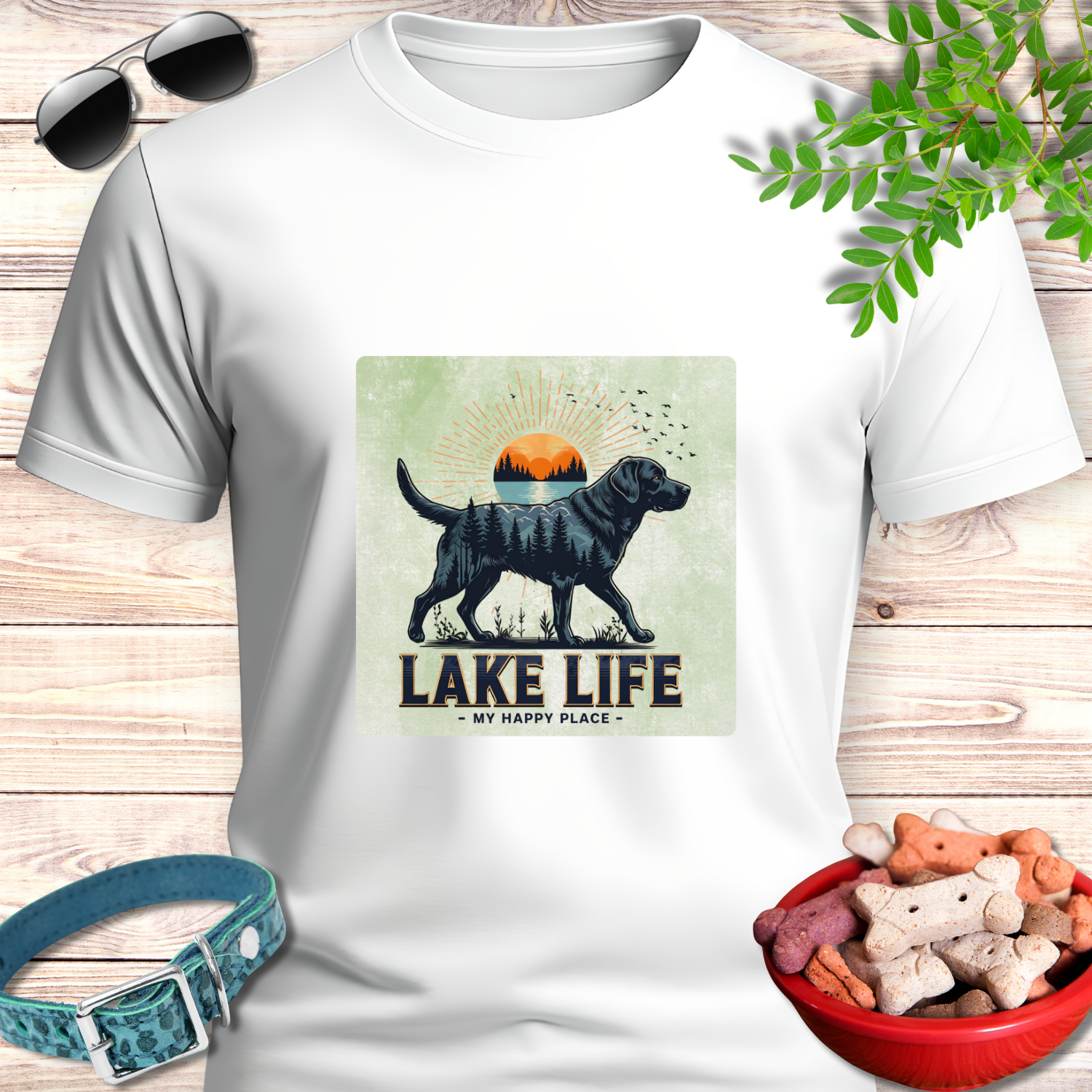 White t-shirt with a graphic of a dog and 'Lake Life My Happy Place' text on a light gray background