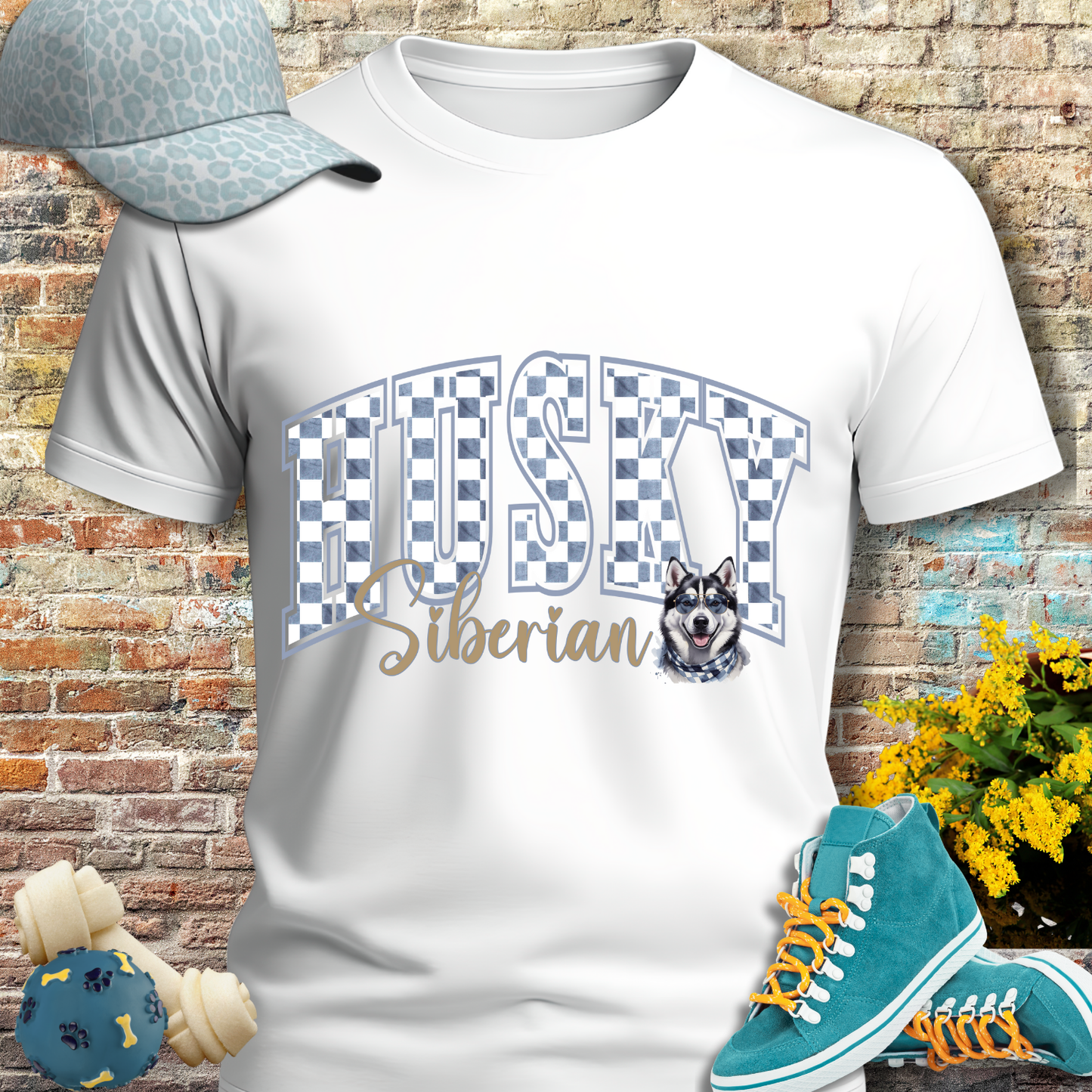 White t-shirt with 'Husky Siberian' design, blue sneakers, and a cap on a brick background.