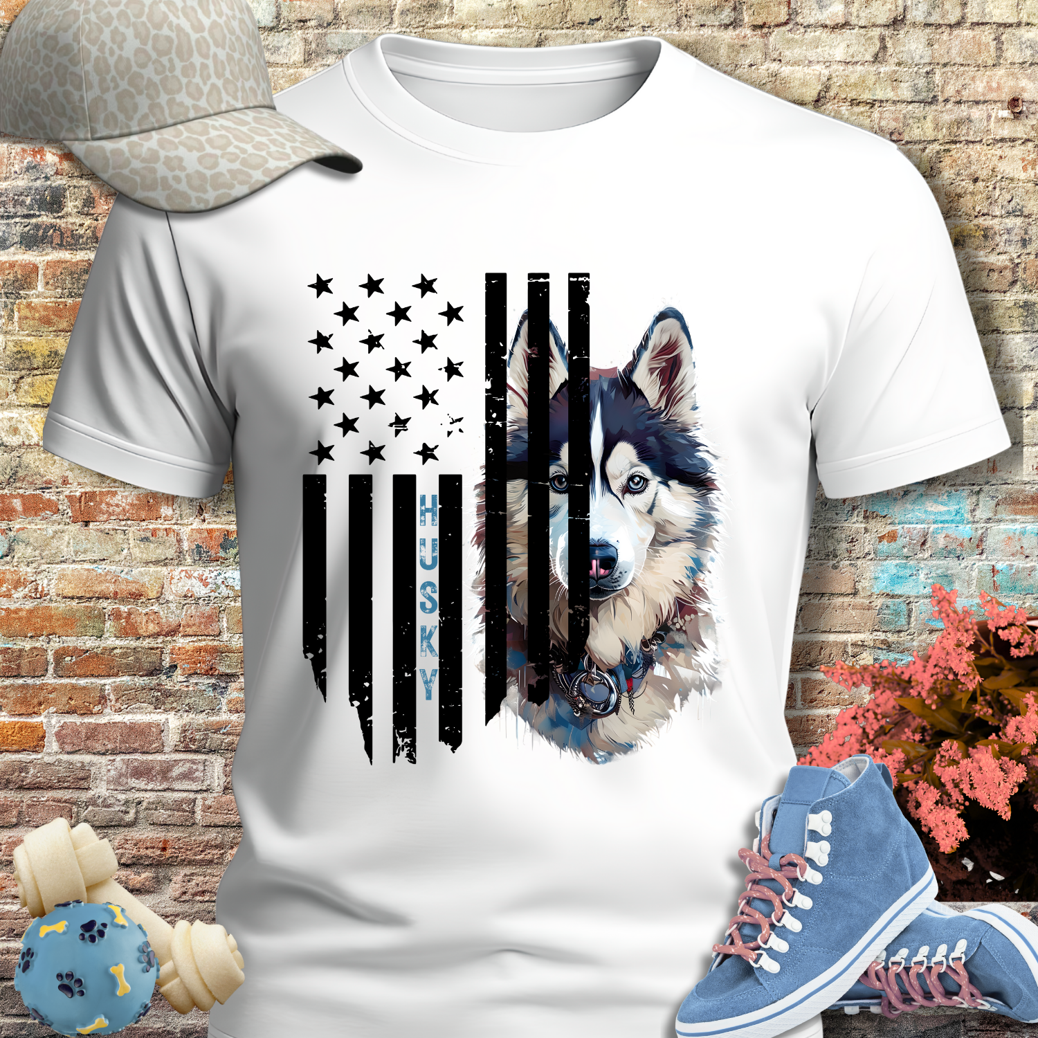 White t-shirt with a dog graphic and American flag design on a brick wall background