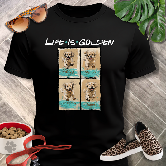 Black t-shirt with 'Life is Golden' text and dog illustrations, surrounded by sunglasses, shoes, and pet food.