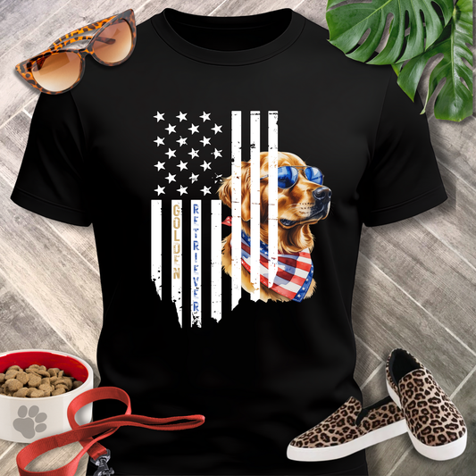 Black t-shirt with a dog design featuring an American flag, surrounded by sunglasses, shoes, and pet food.