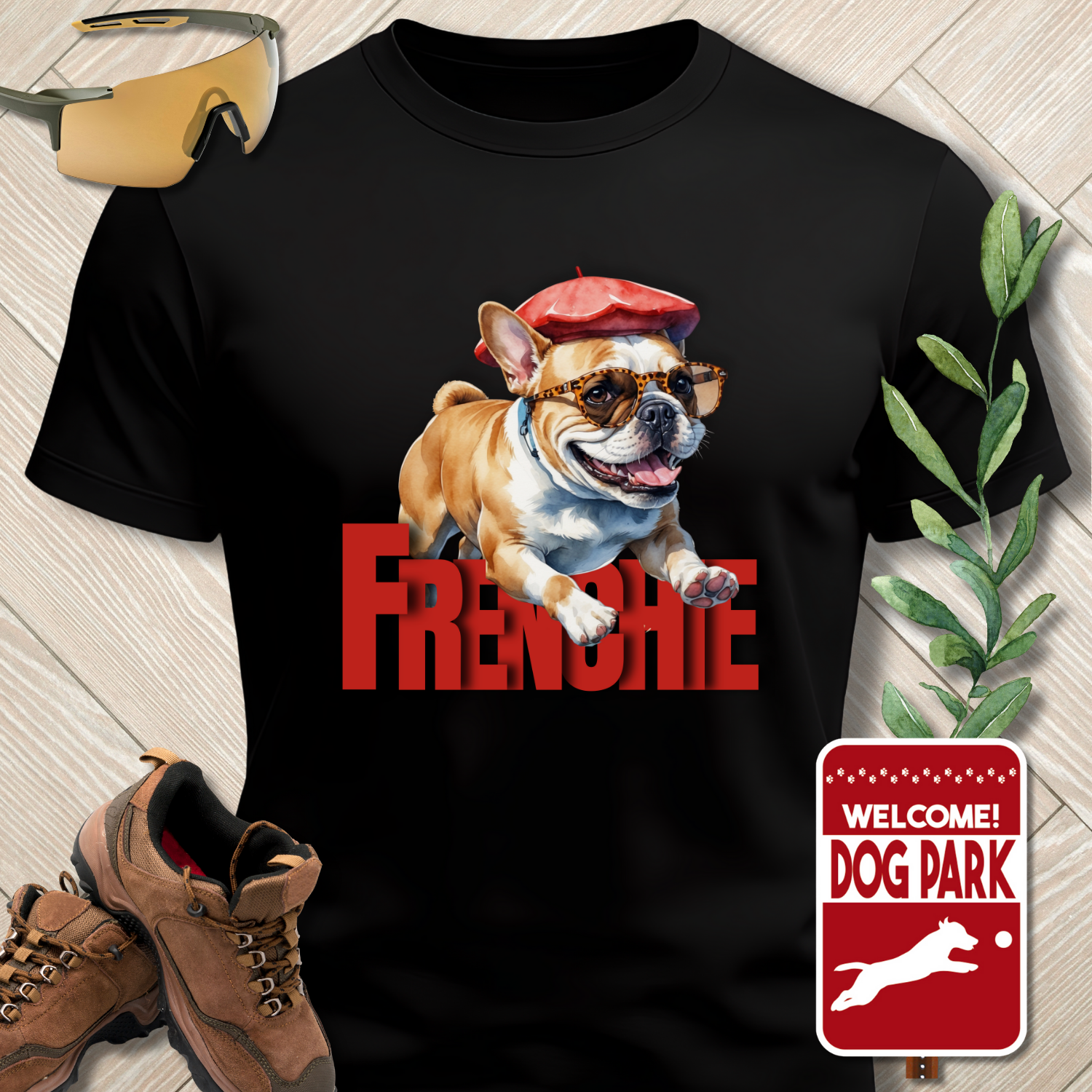 Black t-shirt with a dog graphic and 'Freddie' text, paired with hiking boots and a 'Welcome to the Dog Park' sign.
