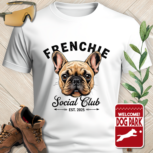White t-shirt with a dog graphic and text, placed on a wooden surface with shoes and a plant.