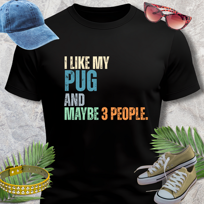 Black t-shirt with colorful text 'I LIKE MY PUG AND MAYBE 3 PEOPLE.' displayed with accessories on a textured surface.