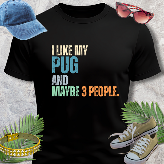 Black t-shirt with colorful text 'I LIKE MY PUG AND MAYBE 3 PEOPLE.' displayed with accessories on a textured surface.