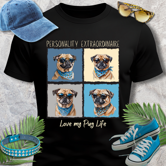 Black t-shirt with pug-themed design and accessories on a gray surface