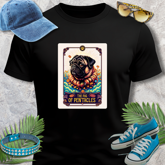Black t-shirt with a pug design labeled 'The Pug of Pentacles' on a textured surface with accessories.