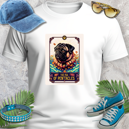 White t-shirt with a graphic of a pug and text, surrounded by a blue cap, sunglasses, blue sneakers, and green leaves on a gray background.
