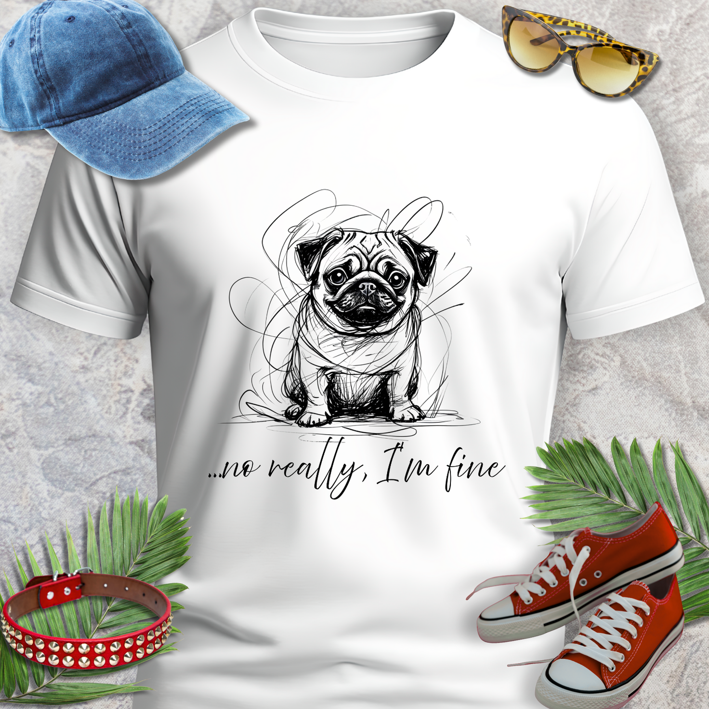 White t-shirt with a pug graphic and text, accompanied by a blue cap, red sneakers, and sunglasses on a textured surface.