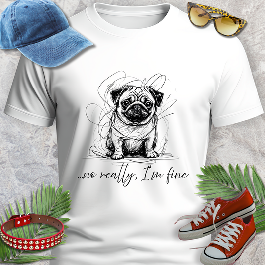 White t-shirt with a pug graphic and text, accompanied by a blue cap, red sneakers, and sunglasses on a textured surface.
