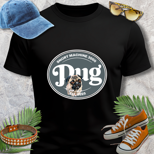 Black t-shirt with a pug graphic and text, surrounded by a blue cap, sunglasses, orange sneakers, and green leaves on a textured surface.